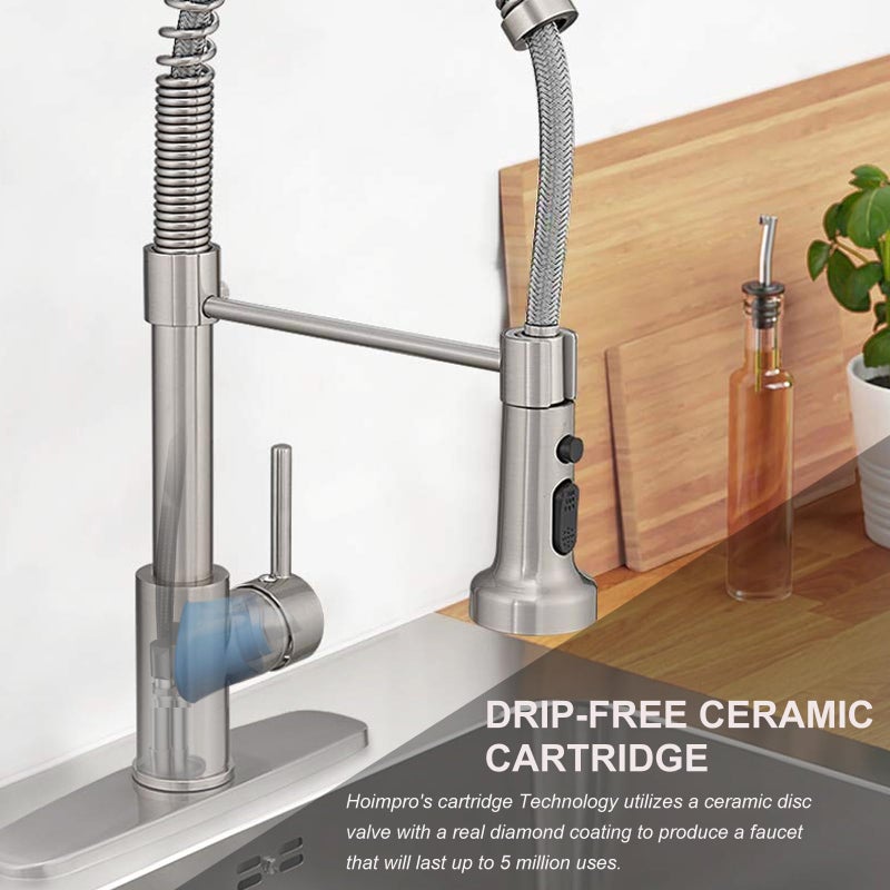 Hoimpro Brass Spring Kitchen Faucet with Pull Down Sprayer with Cover Plate, Rv Kitchen Sink Faucet with cUPC Hoses, 3 Function Single Handle Laundry Faucet, Brushed Nickel (1 or 3 Hole) - Image 4